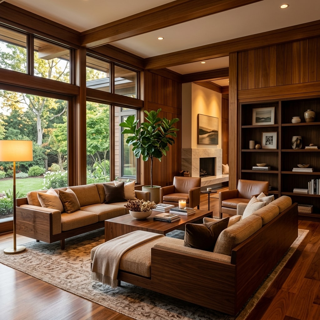 Premium teak wood living room interior with warm golden lighting